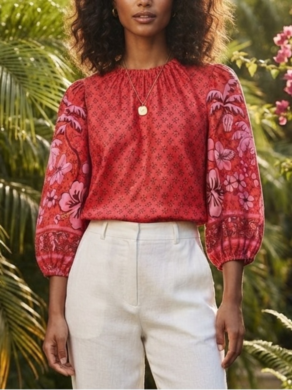 Emily Lovelock Lilly Blouse Medium M Red Pink Tropical Palm Floral Puff Sleeve